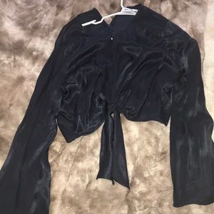 Navy key hole bell sleeve satin top